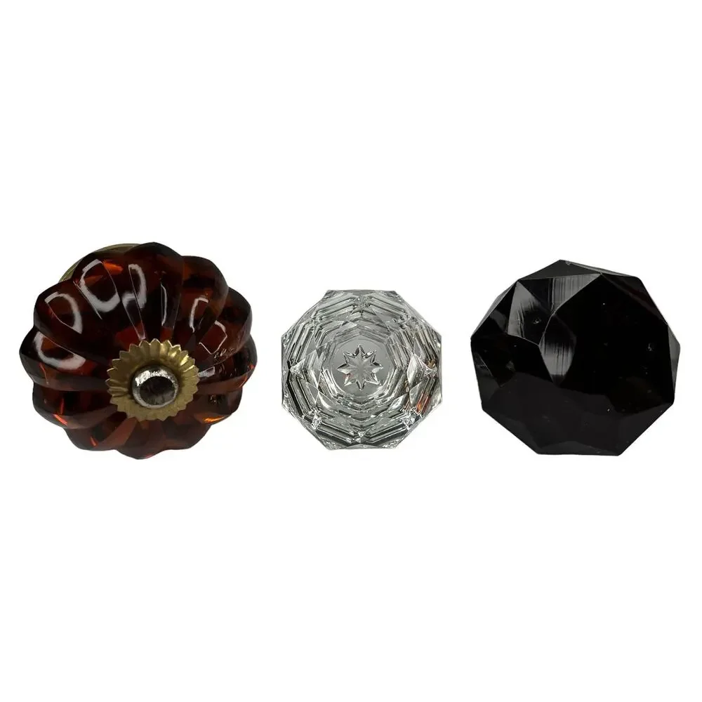 Lot of 3 Large Vintage Glass Knobs Amber Clear Dark Red